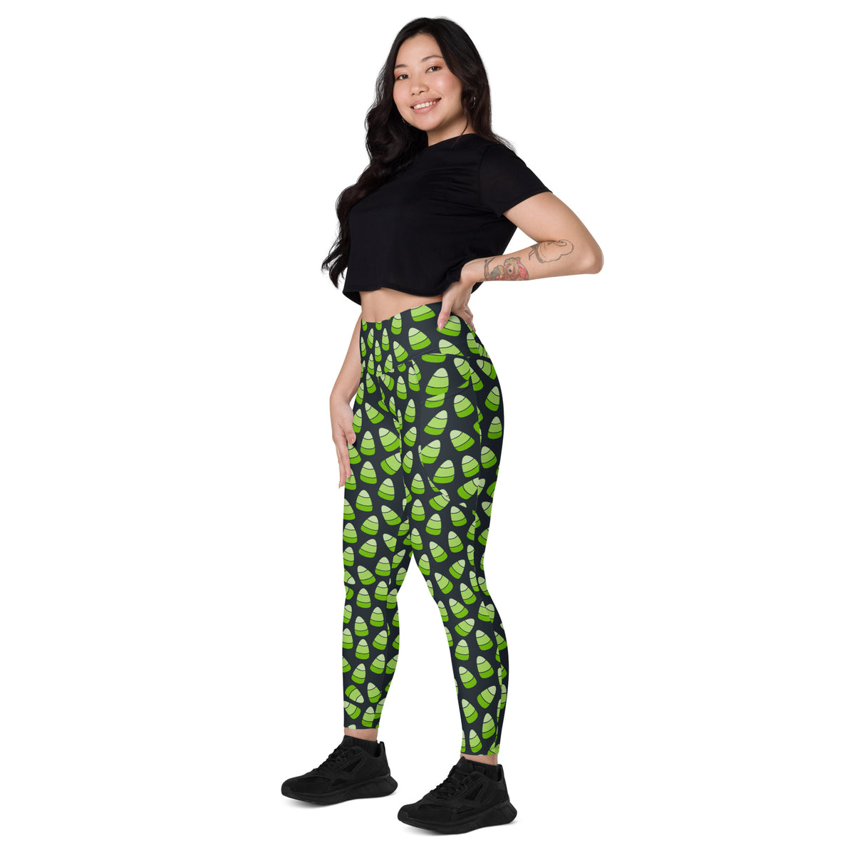 Women’s Green Candy Corn Halloween Yoga Leggings With Pockets – High-Waisted, Soft Compression Active Pants