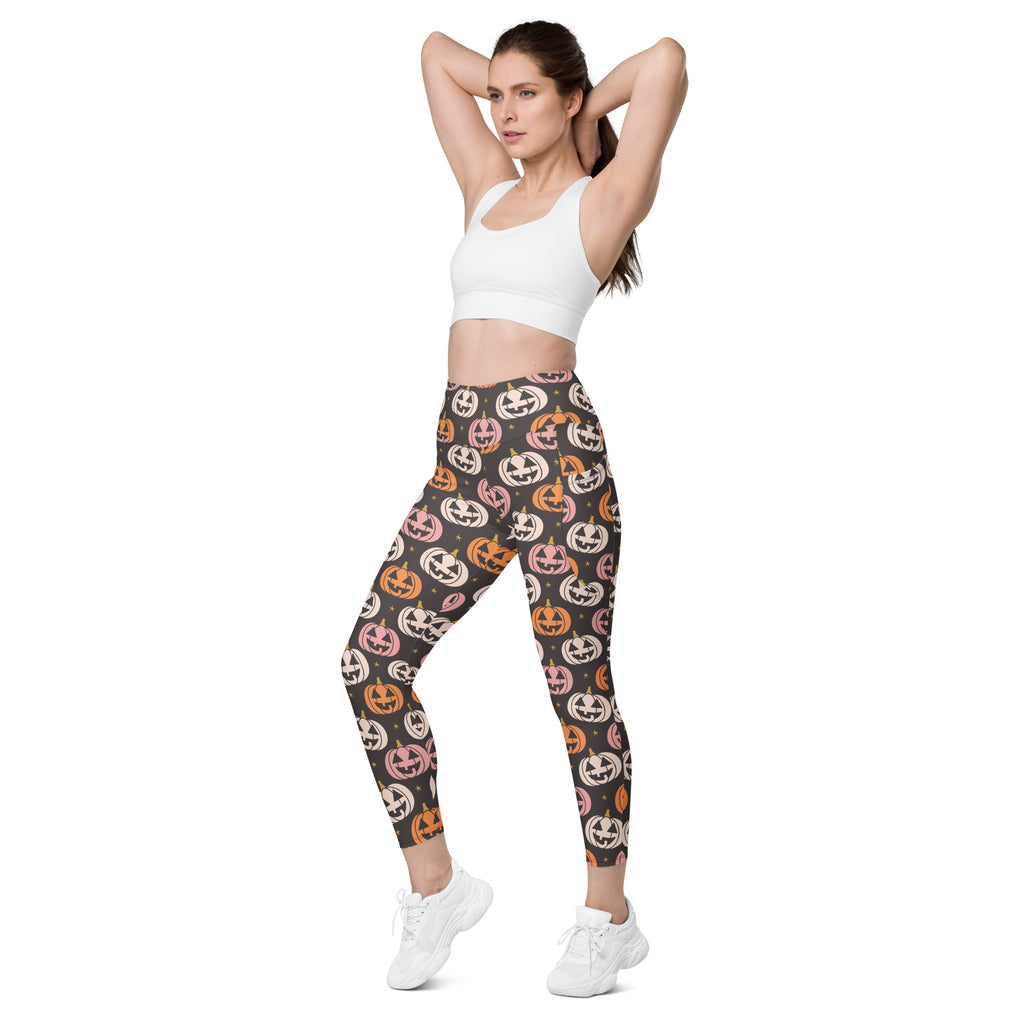 Women’s Jack-O’-Lantern Pumpkin Patch Halloween Yoga Leggings With Pockets – High-Waisted, Soft Compression Active Pants