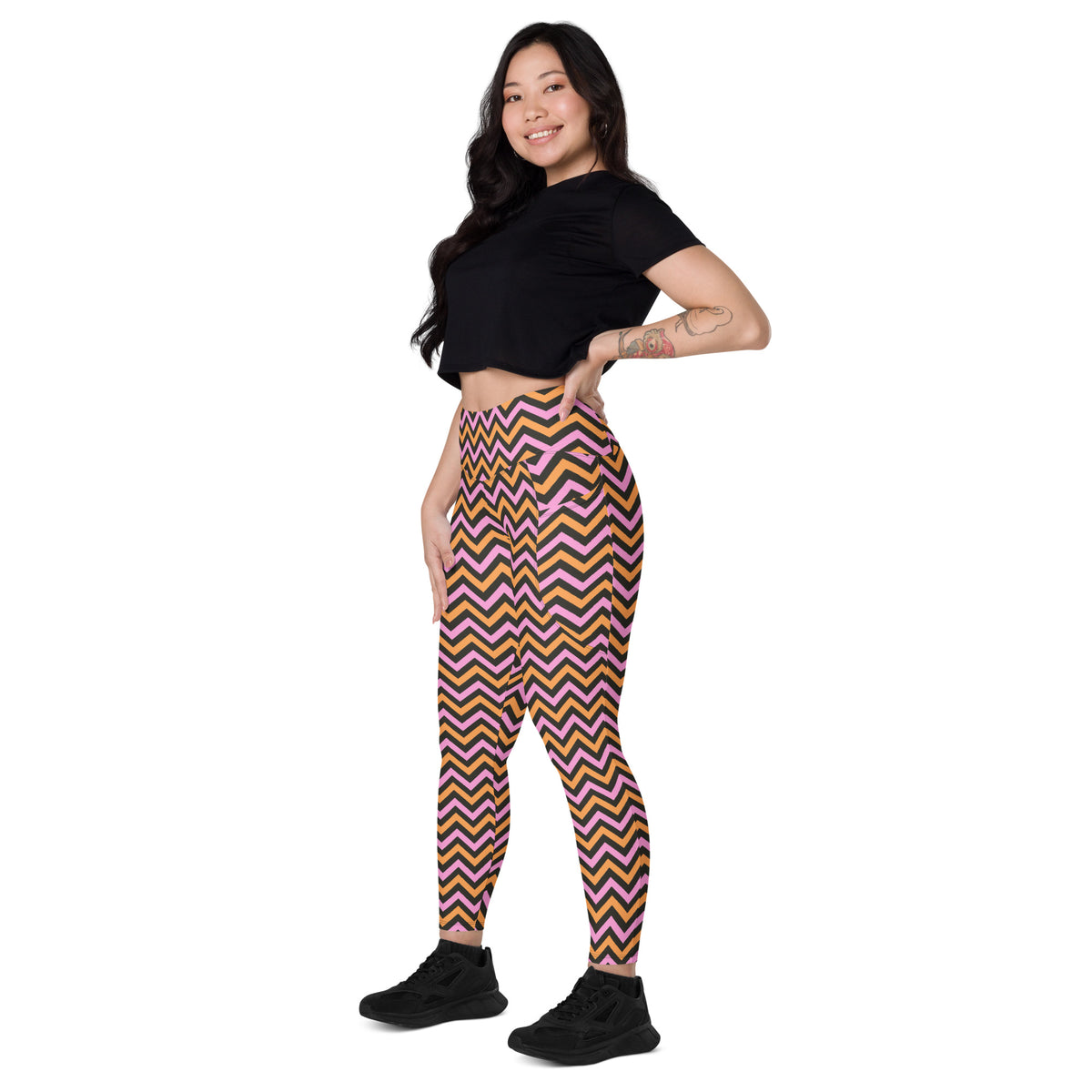 Women’s Pink & Orange Chevron Halloween Yoga Leggings With Pockets – High-Waisted, Soft Compression Active Pants