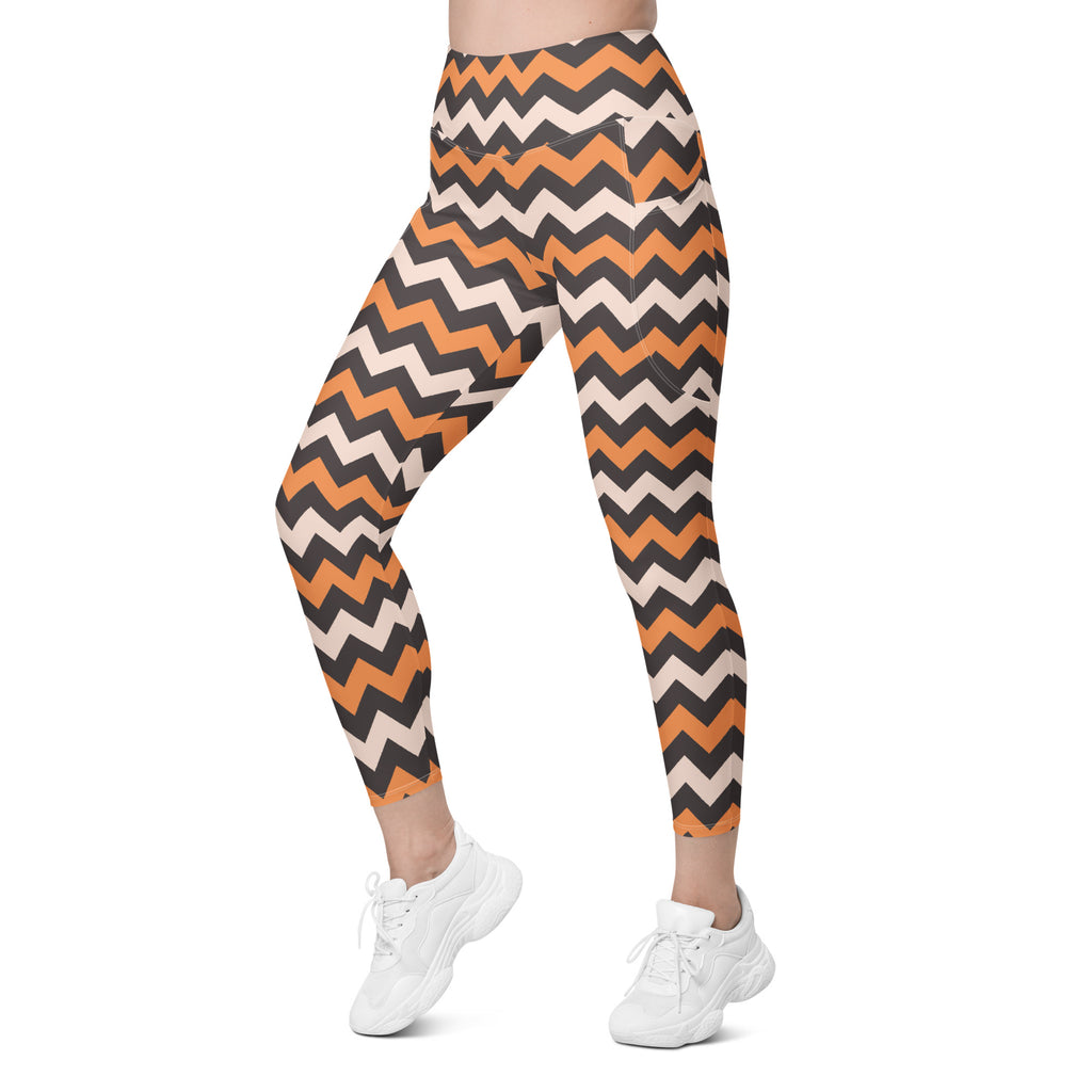 Women’s Orange & Beige Chevron Halloween Yoga Leggings With Pockets – High-Waisted, Soft Compression Active Pants