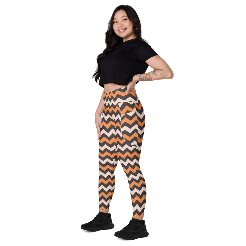 Women’s Orange & Beige Chevron Halloween Yoga Leggings With Pockets – High-Waisted, Soft Compression Active Pants