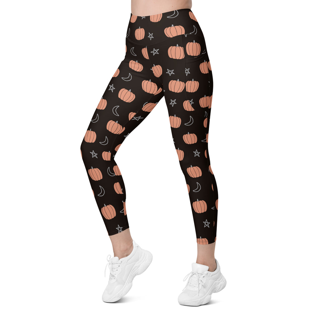 Women’s Pumpkin Moon Halloween Yoga Leggings With Pockets – High-Waisted, Soft Compression Active Pants