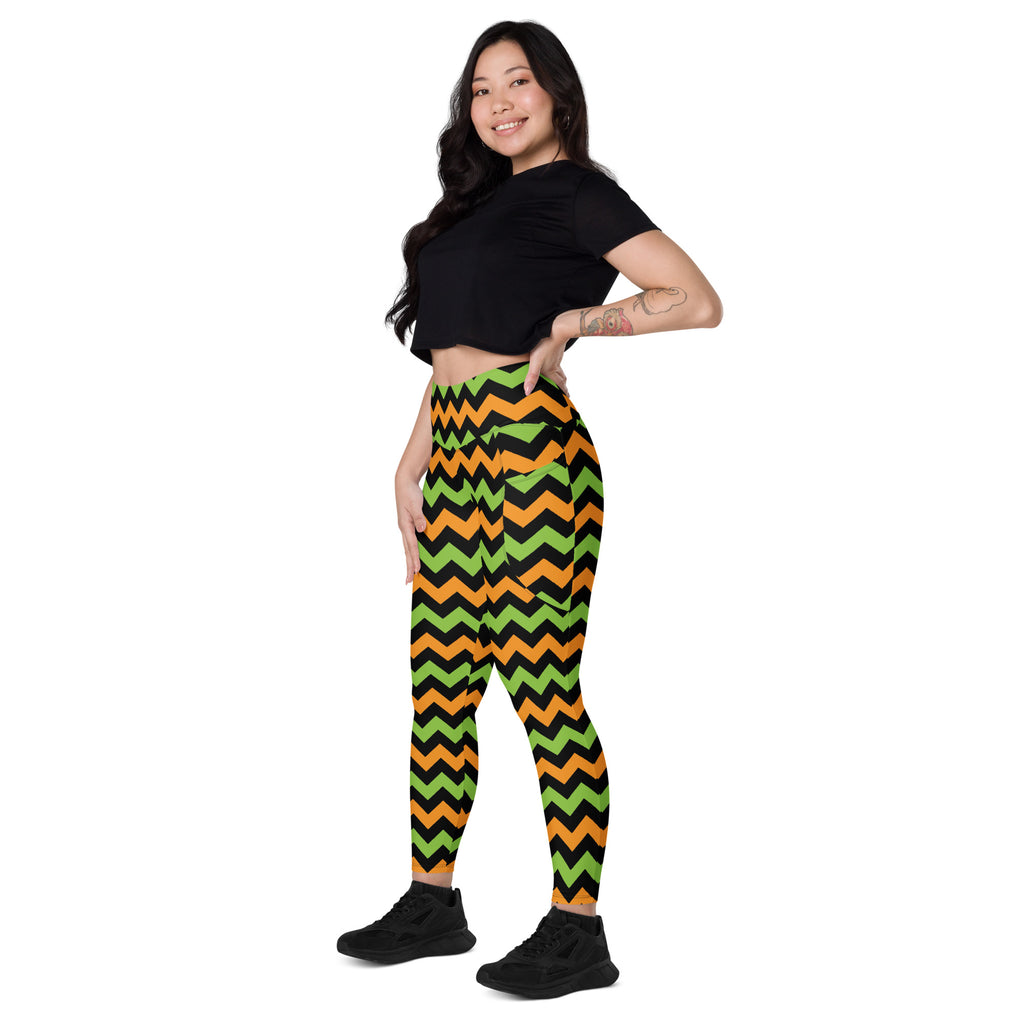 Women’s Orange & Green Chevron Halloween Yoga Leggings With Pockets – High-Waisted, Soft Compression Active Pants