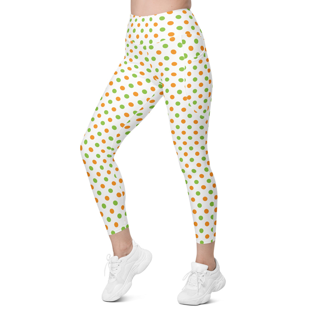 Women’s Orange & Green Polka Dot Halloween Yoga Leggings With Pockets – High-Waisted, Soft Compression Active Pants