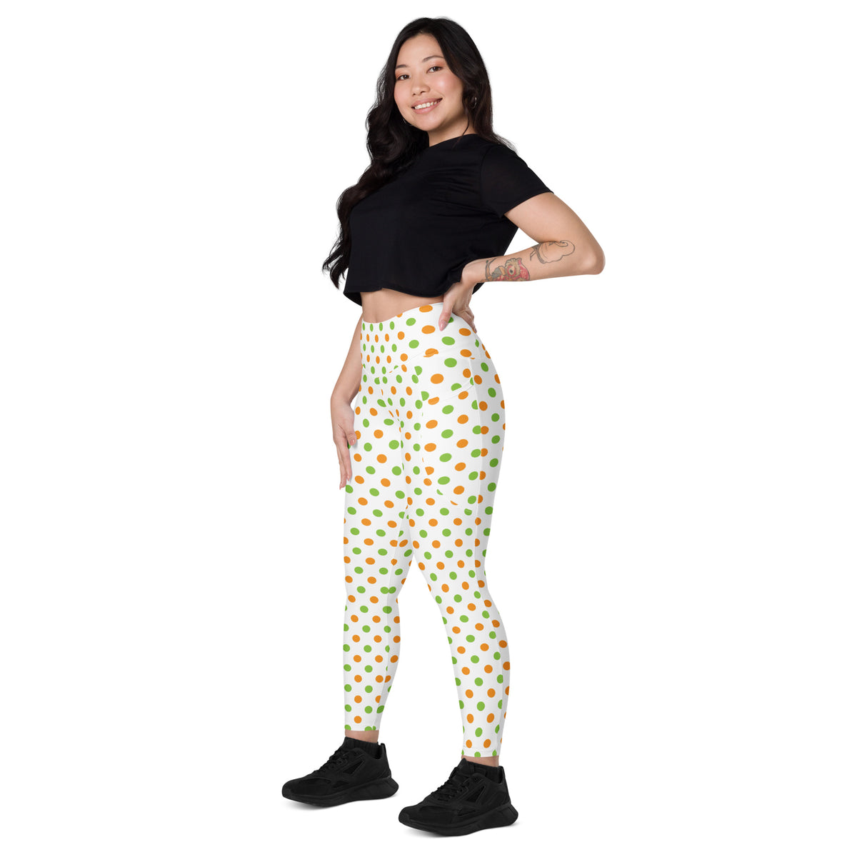 Women’s Orange & Green Polka Dot Halloween Yoga Leggings With Pockets – High-Waisted, Soft Compression Active Pants