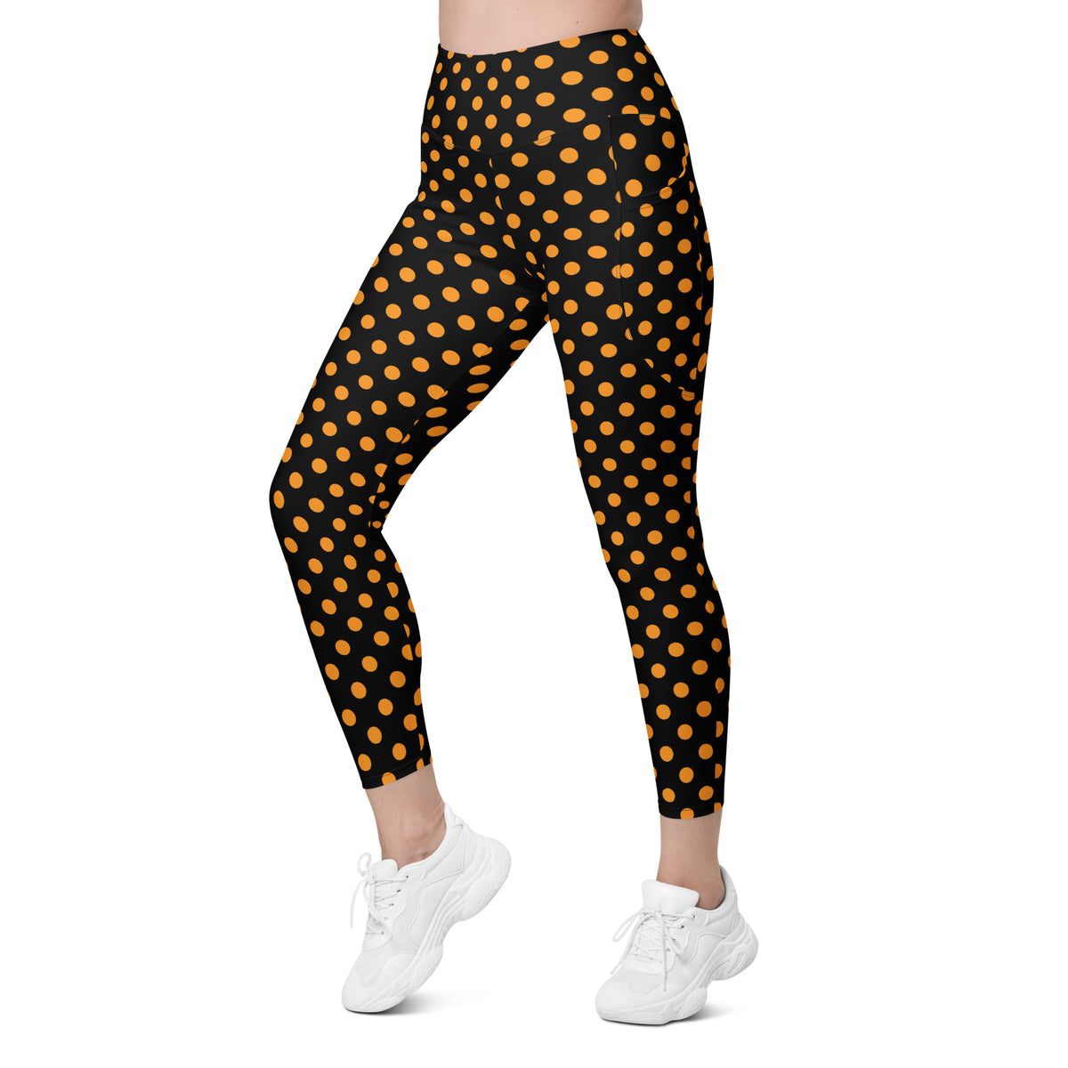 Women’s Orange Polka Dot Halloween Yoga Leggings With Pockets – High-Waisted, Soft Compression Active Pants