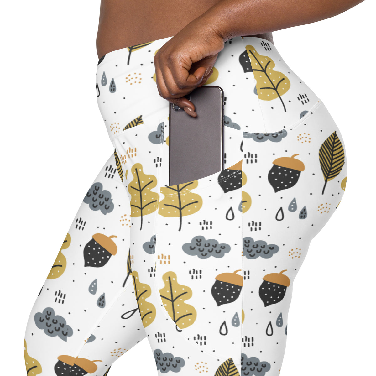 Women’s Fall Leaves & Acorn Yoga Leggings With Pockets – High-Waisted, Soft Compression Active Pants