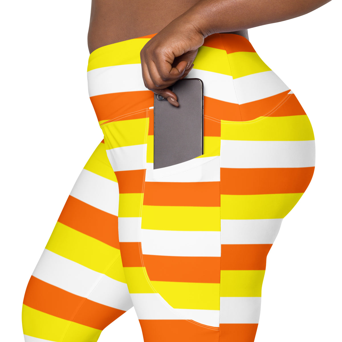 Women’s Candy Corn Stripes Yoga Leggings With Pockets – High-Waisted, Soft Compression Active Pants