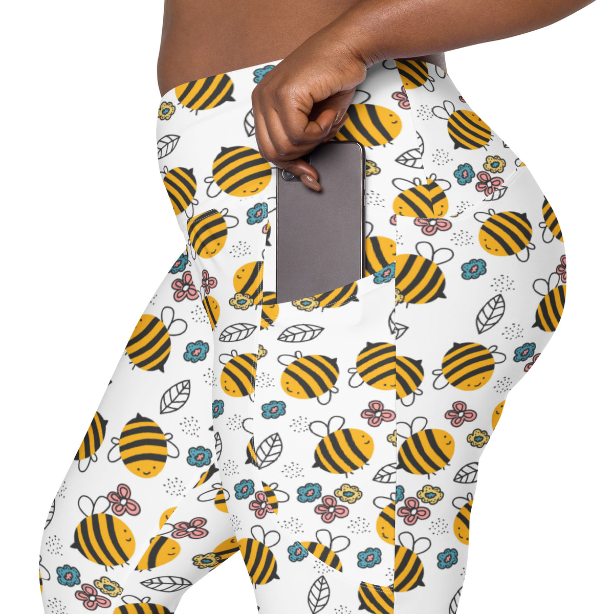 Women’s Happy Yellow Bees Yoga Leggings With Pockets – High-Waisted, Soft Compression Active Pants