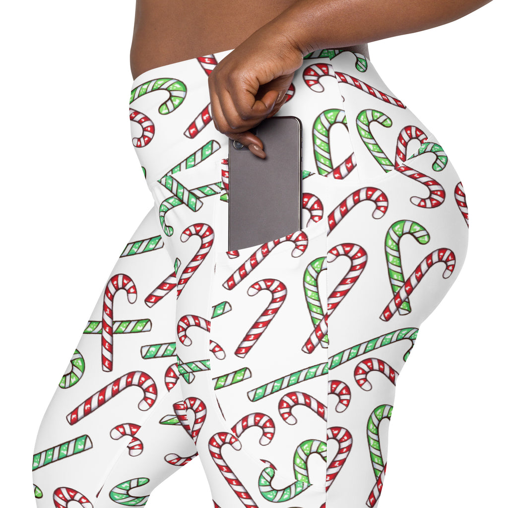 Women’s Red & Green Candy Cane Christmas Yoga Leggings With Pockets – High-Waisted, Soft Compression Active Pants