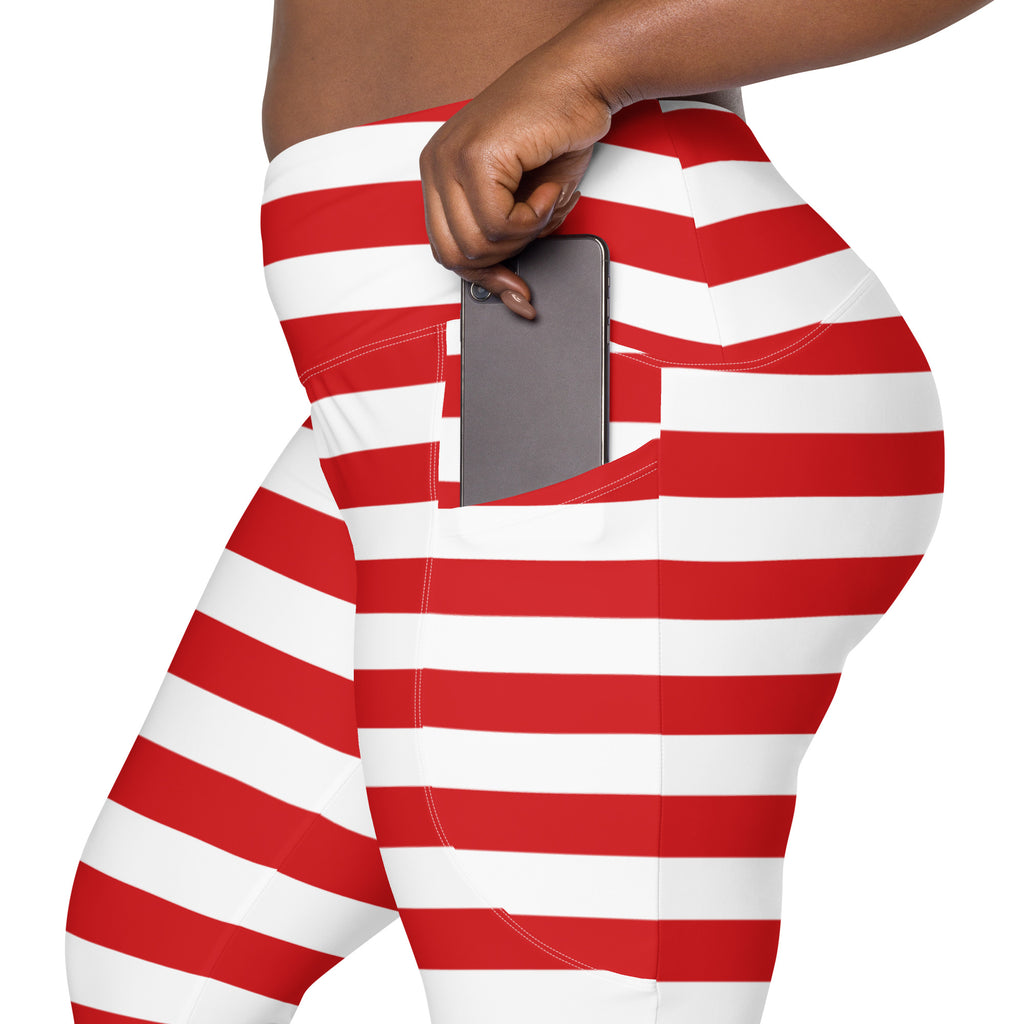 Women’s Striped Red Christmas Yoga Leggings With Pockets – High-Waisted, Soft Compression Active Pants