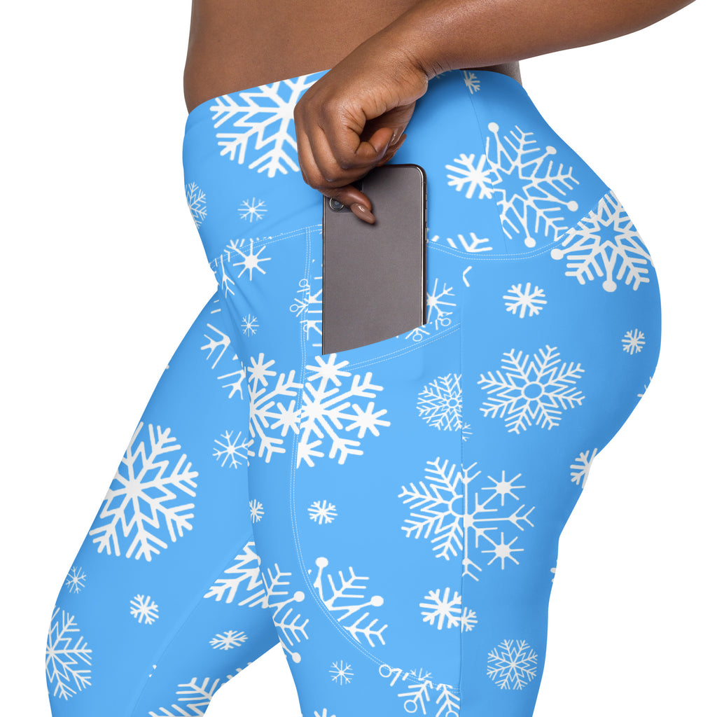Women’s Blue Snowflake Christmas Yoga Leggings With Pockets – High-Waisted, Soft Compression Active Pants