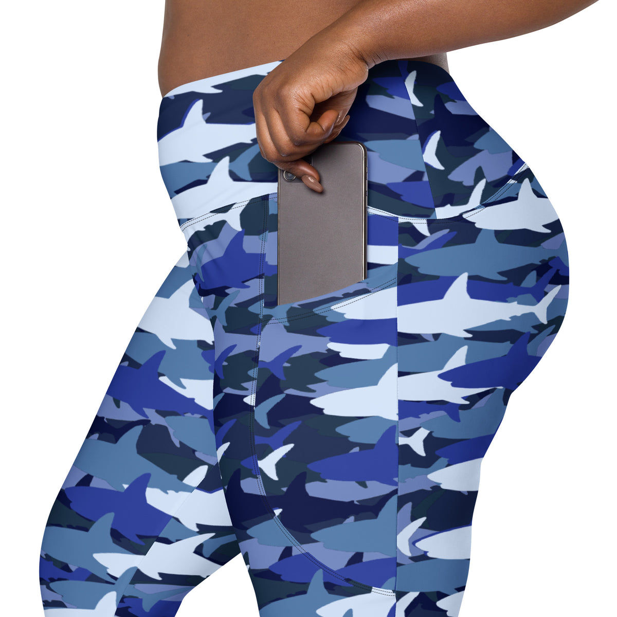 Women’s Blue Shark Camouflage Yoga Leggings With Pockets – High-Waisted, Soft Compression Active Pants