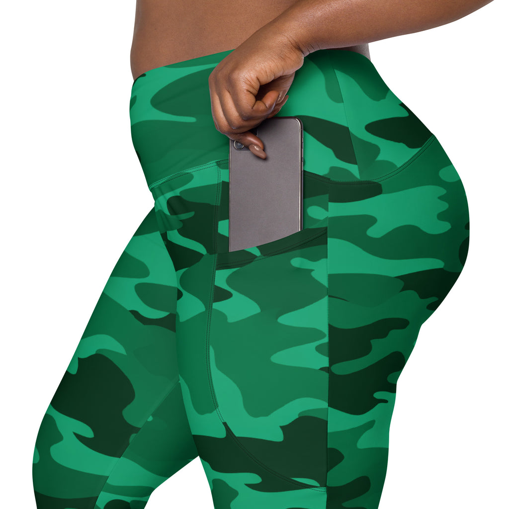 Women’s Green Camouflage Yoga Leggings With Pockets – High-Waisted, Soft Compression Active Pants