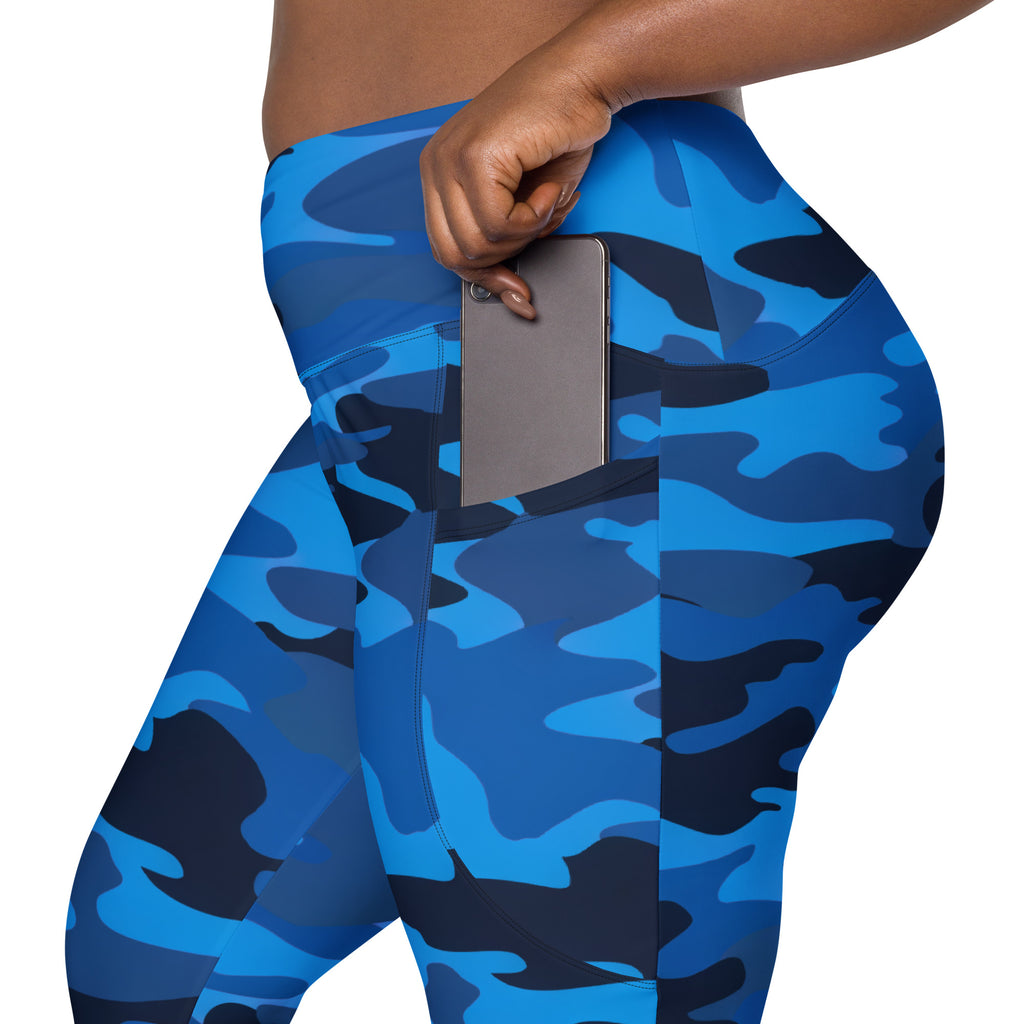 Women’s Blue Camouflage Yoga Leggings With Pockets – High-Waisted, Soft Compression Active Pants