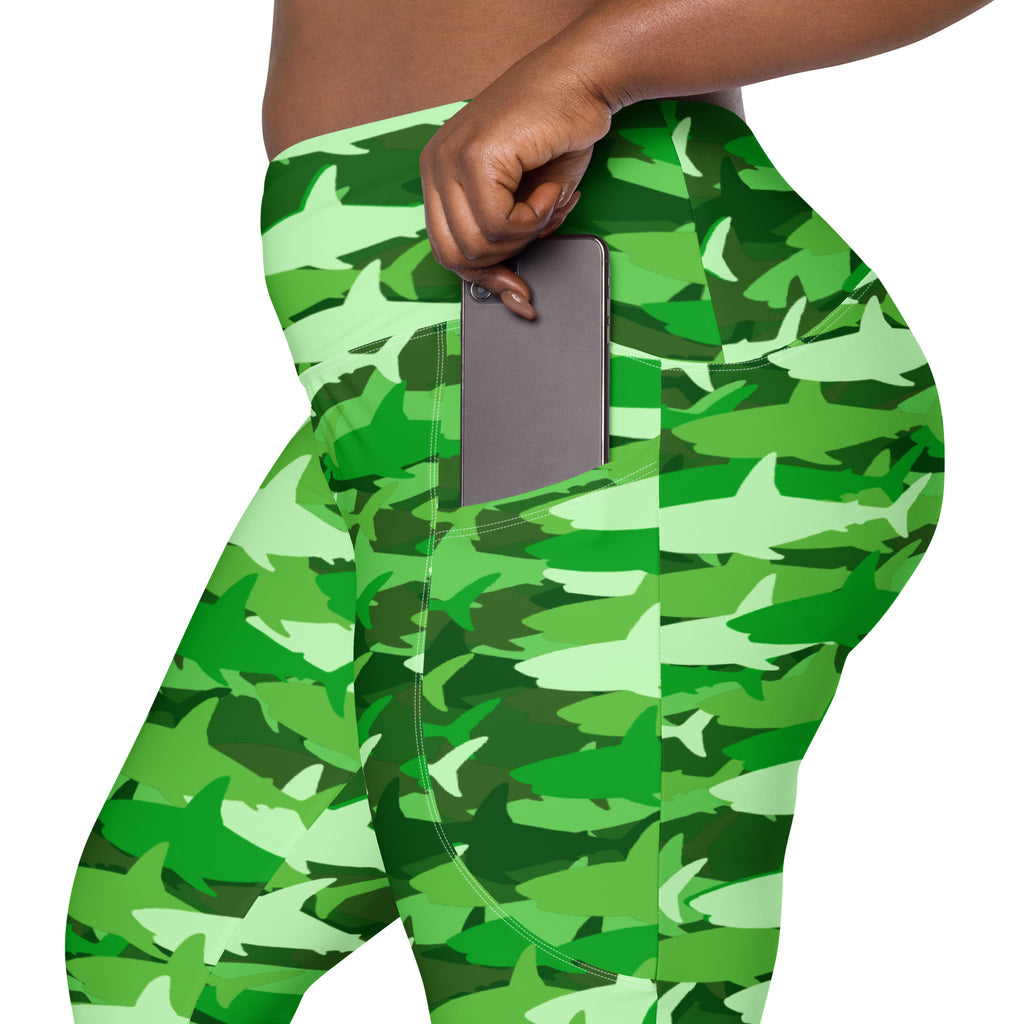 Women’s Green Shark Camouflage Yoga Leggings With Pockets – High-Waisted, Soft Compression Active Pants