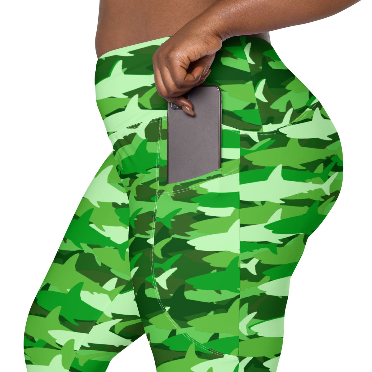 Women’s Green Shark Camouflage Yoga Leggings With Pockets – High-Waisted, Soft Compression Active Pants