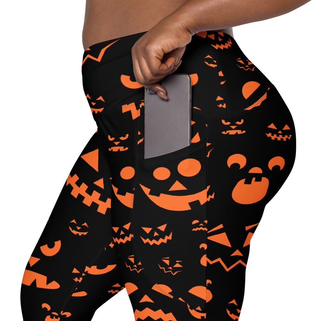 Women’s Orange Jack O’ Lantern Faces Halloween Yoga Leggings With Pockets – High-Waisted, Soft Compression Active Pants