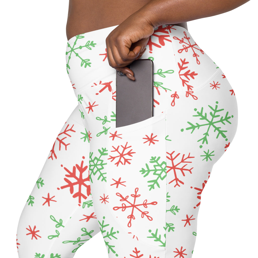 Women’s Red & Green Snowflake Christmas Yoga Leggings With Pockets – High-Waisted, Soft Compression Active Pants