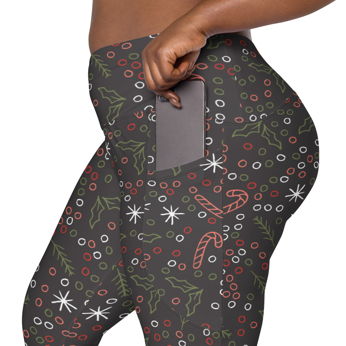 Women’s Christmas Holly & Candy Cane Yoga Leggings With Pockets – High-Waisted, Soft Compression Active Pants