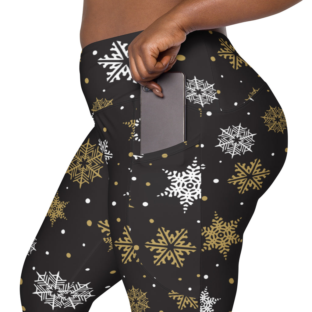 Women’s Dark Brown & Gold Snowflake Yoga Leggings With Pockets – High-Waisted, Soft Compression Active Pants