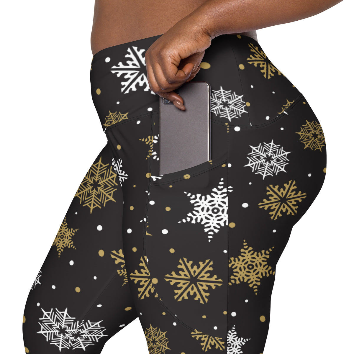 Women’s Dark Brown & Gold Snowflake Yoga Leggings With Pockets – High-Waisted, Soft Compression Active Pants