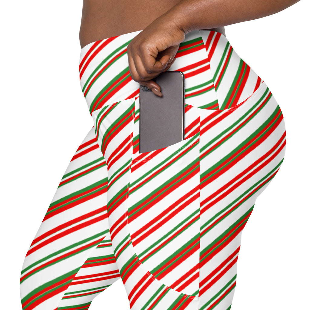 Women’s Christmas Candy Cane Stripe Yoga Leggings With Pockets – High-Waisted, Soft Compression Active Pants