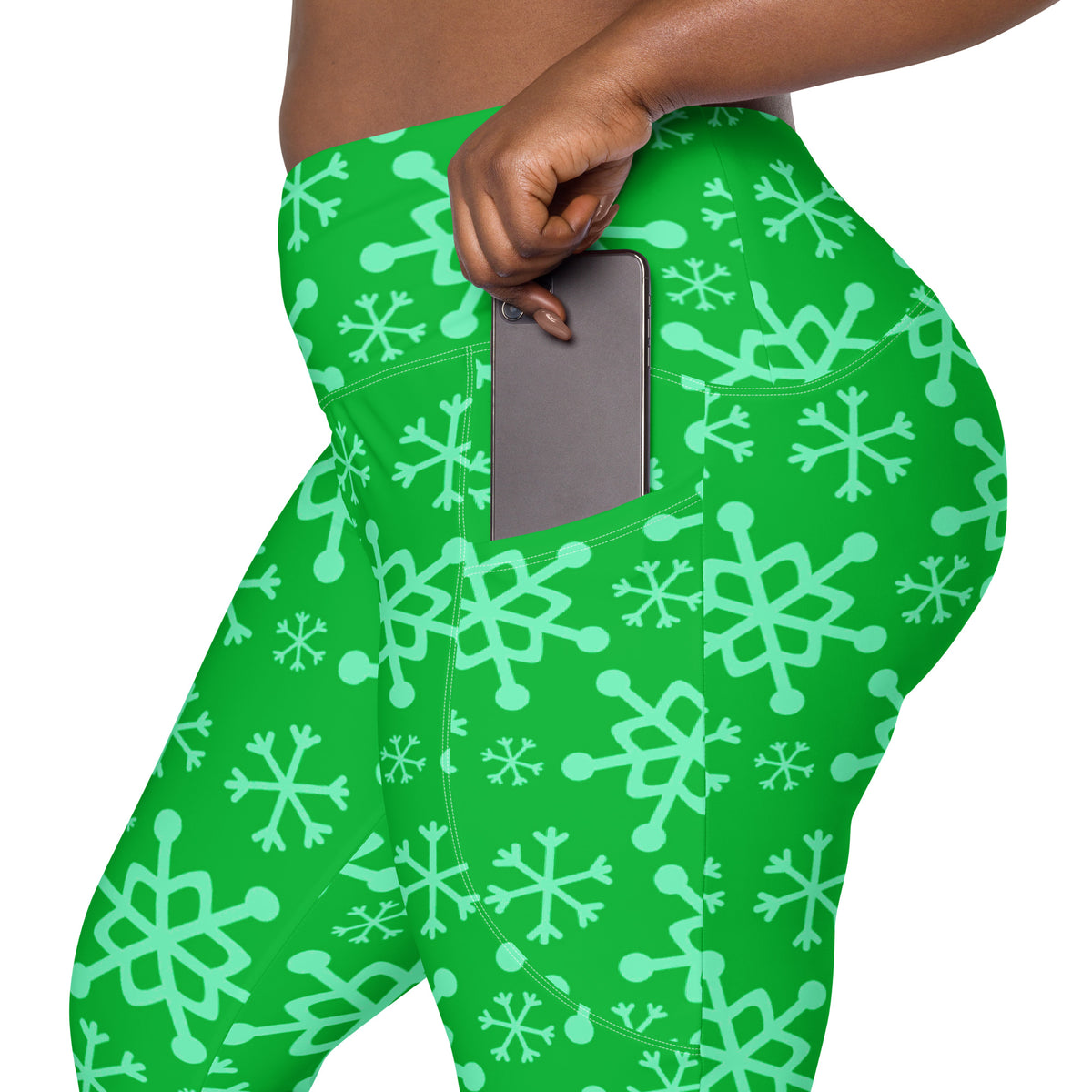 Women’s Green Snowflake Christmas Yoga Leggings With Pockets – High-Waisted, Soft Compression Active Pants