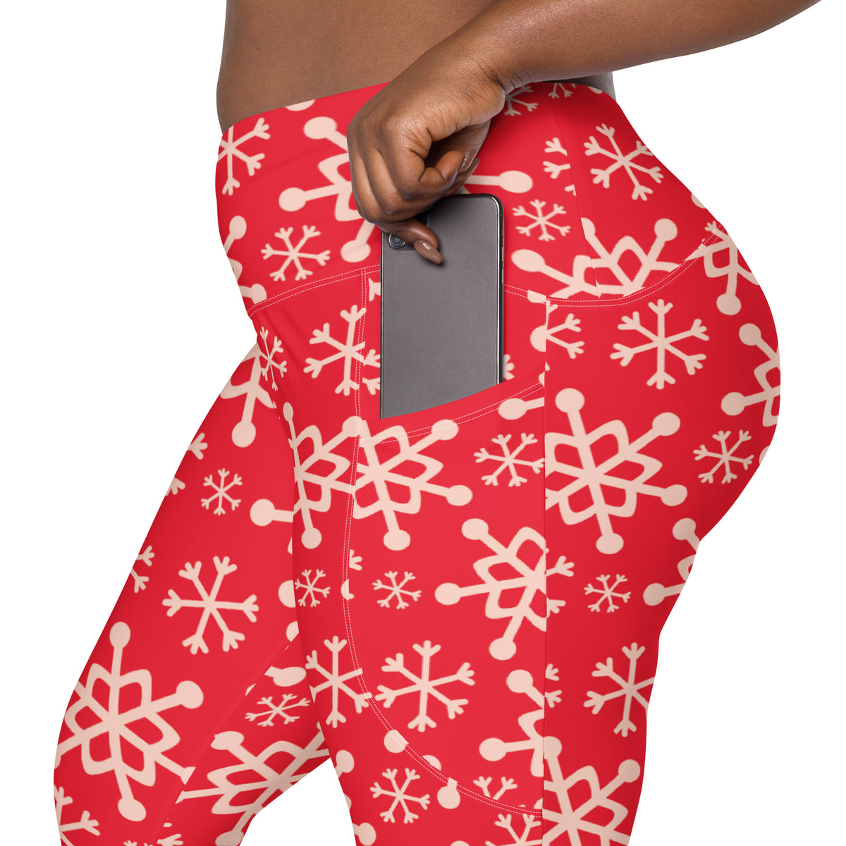 Women’s Red Snowflake Christmas Yoga Leggings With Pockets – High-Waisted, Soft Compression Active Pants