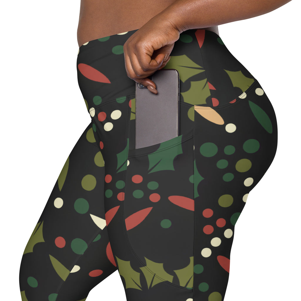 Women’s Christmas Holly Berry Yoga Leggings With Pockets – High-Waisted, Soft Compression Active Pants