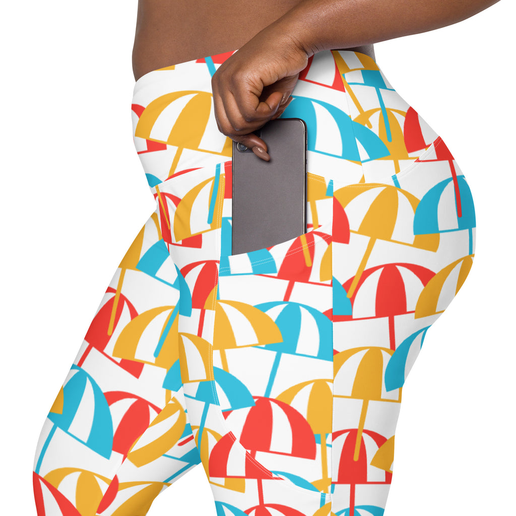 Women’s Colorful Beach Umbrella Leggings With Pockets – High-Waisted, Soft Compression Active Pants