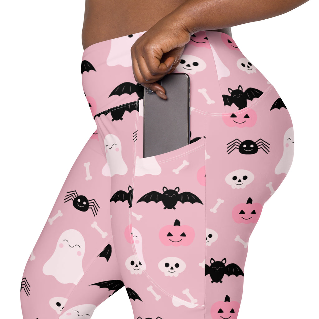 Women’s Pink Halloween Leggings With Pockets – High-Waisted, Soft Compression Active Pants