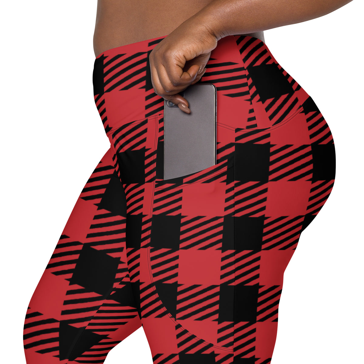 Women’s Red & Black Buffalo Plaid Leggings With Pockets – High-Waisted, Soft Compression Active Pants