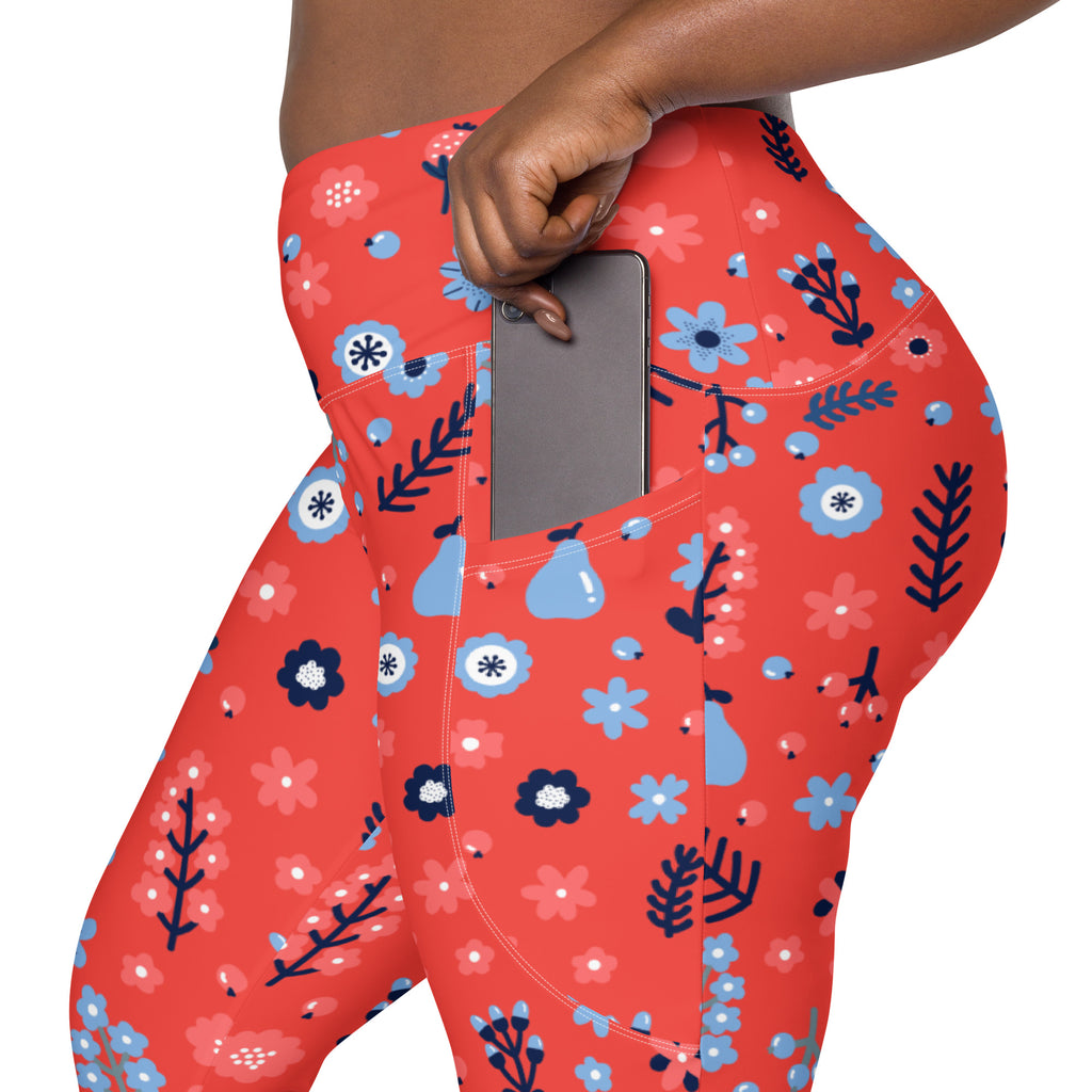 Women’s Coral Floral Leggings With Pockets – High-Waisted, Soft Compression Active Pants