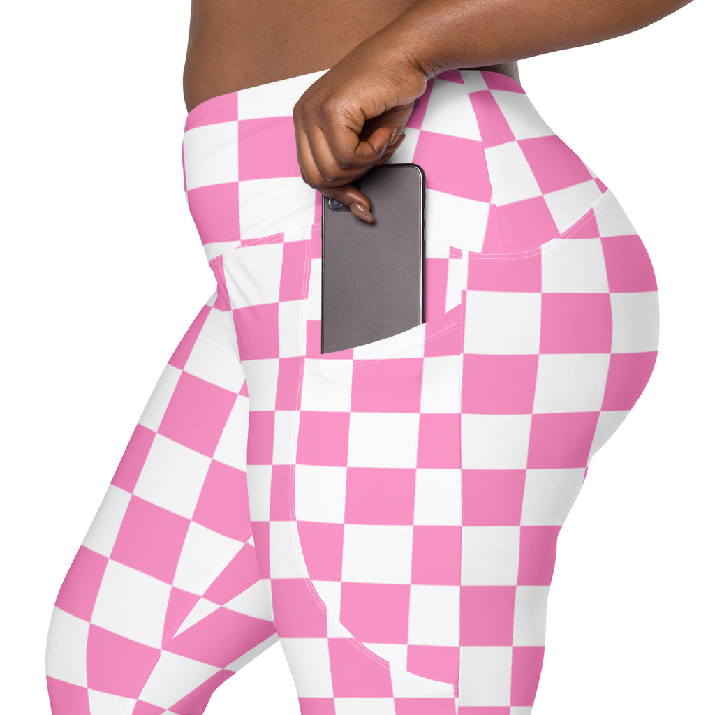 Women’s Pink Checkered Leggings With Pockets – High-Waisted, Soft Compression Active Pants