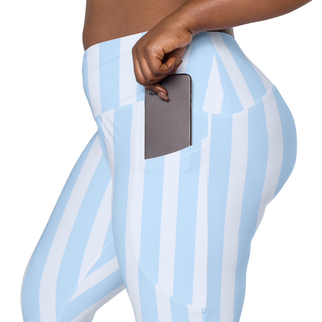 Women’s Light Blue Striped Leggings With Pockets – High-Waisted, Soft Compression Active Pants