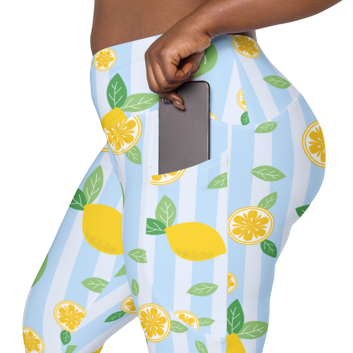 Women’s Lemon Stripe Leggings With Pockets – High-Waisted, Soft Compression Active Pants