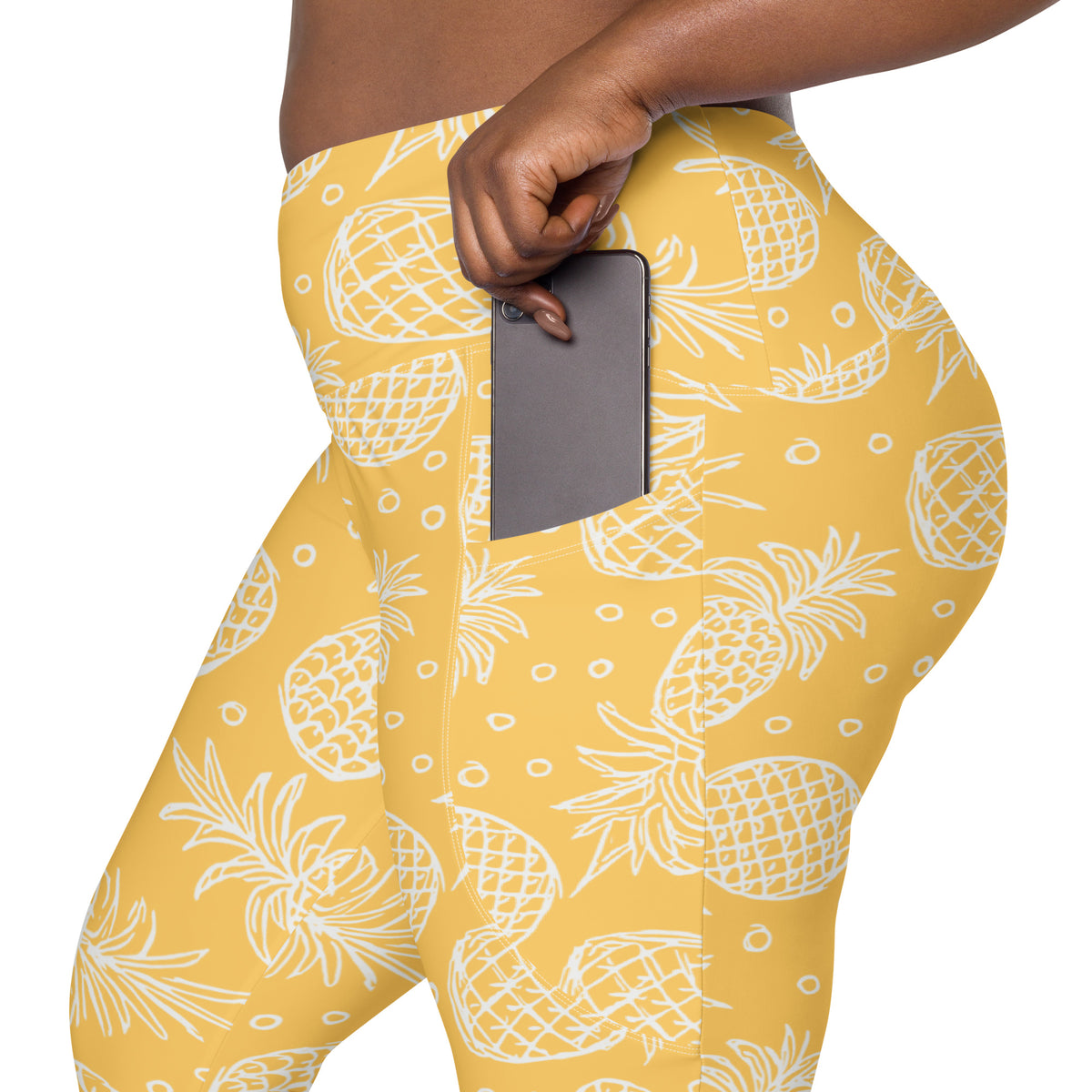 Women’s Light Yellow Tropical Pineapple Leggings With Pockets – High-Waisted, Soft Compression Active Pants