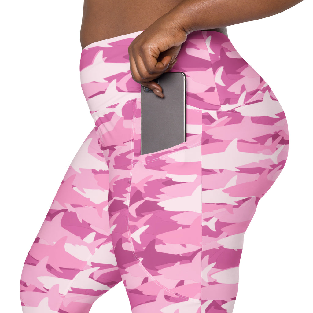 Women’s Pink Shark Camouflage Yoga Leggings With Pockets – High-Waisted, Soft Compression Active Pants