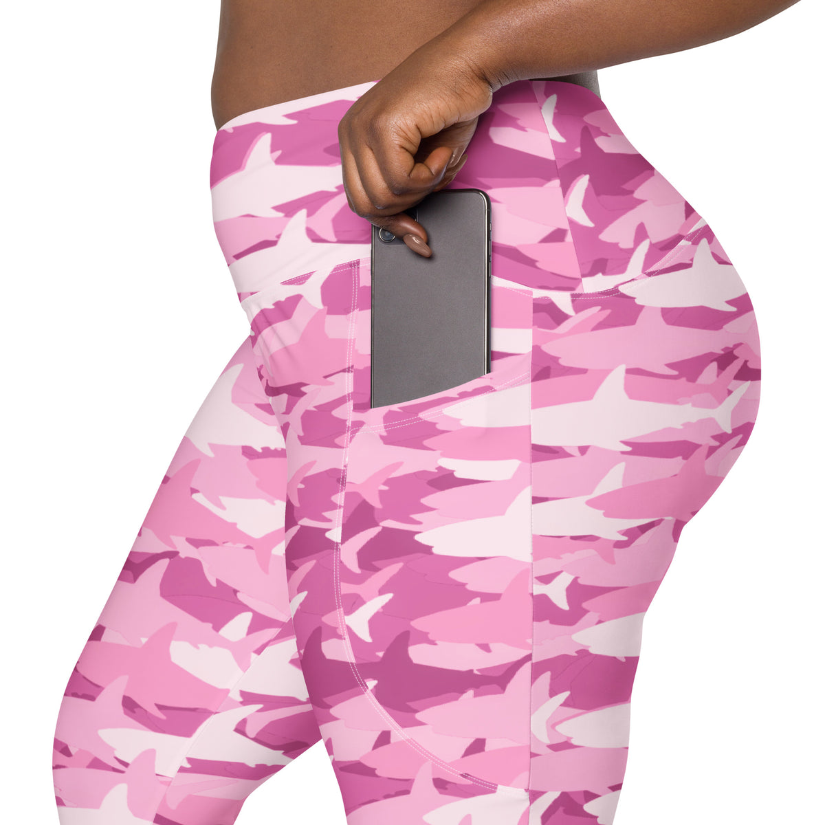 Women’s Pink Shark Camouflage Yoga Leggings With Pockets – High-Waisted, Soft Compression Active Pants