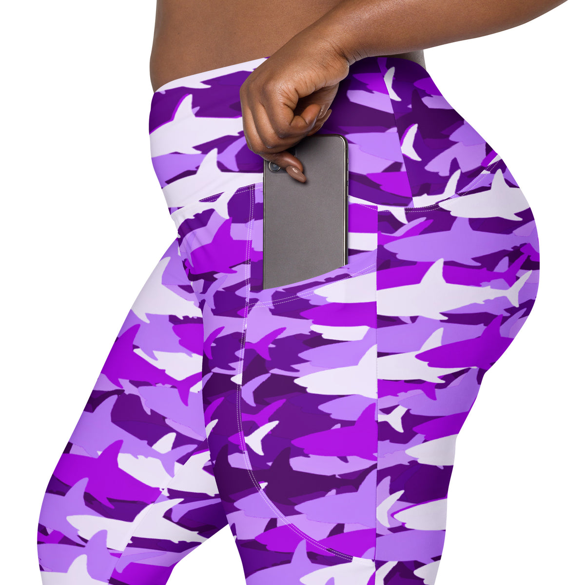 Women’s Purple Shark Camouflage Yoga Leggings With Pockets – High-Waisted, Soft Compression Active Pants