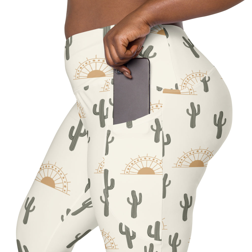 Women’s Desert Cactus Sunrise Yoga Leggings With Pockets – High-Waisted, Soft Compression Active Pants