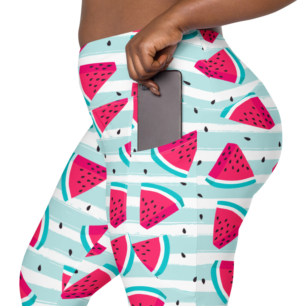 Women’s Watermelon Stripe Yoga Leggings With Pockets – High-Waisted, Soft Compression Active Pants