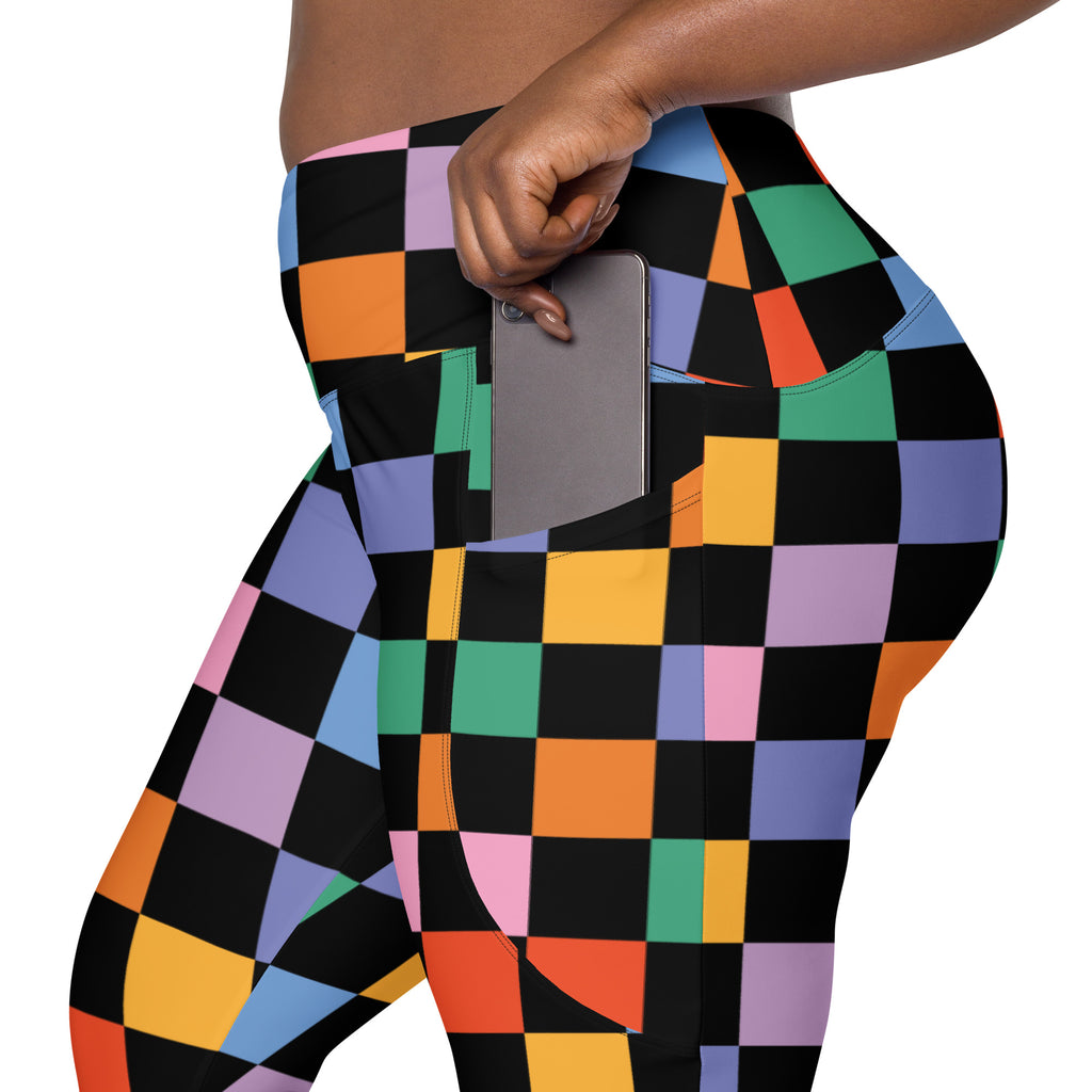 Women’s Dark Colorful Checkered Yoga Leggings With Pockets – High-Waisted, Soft Compression Active Pants