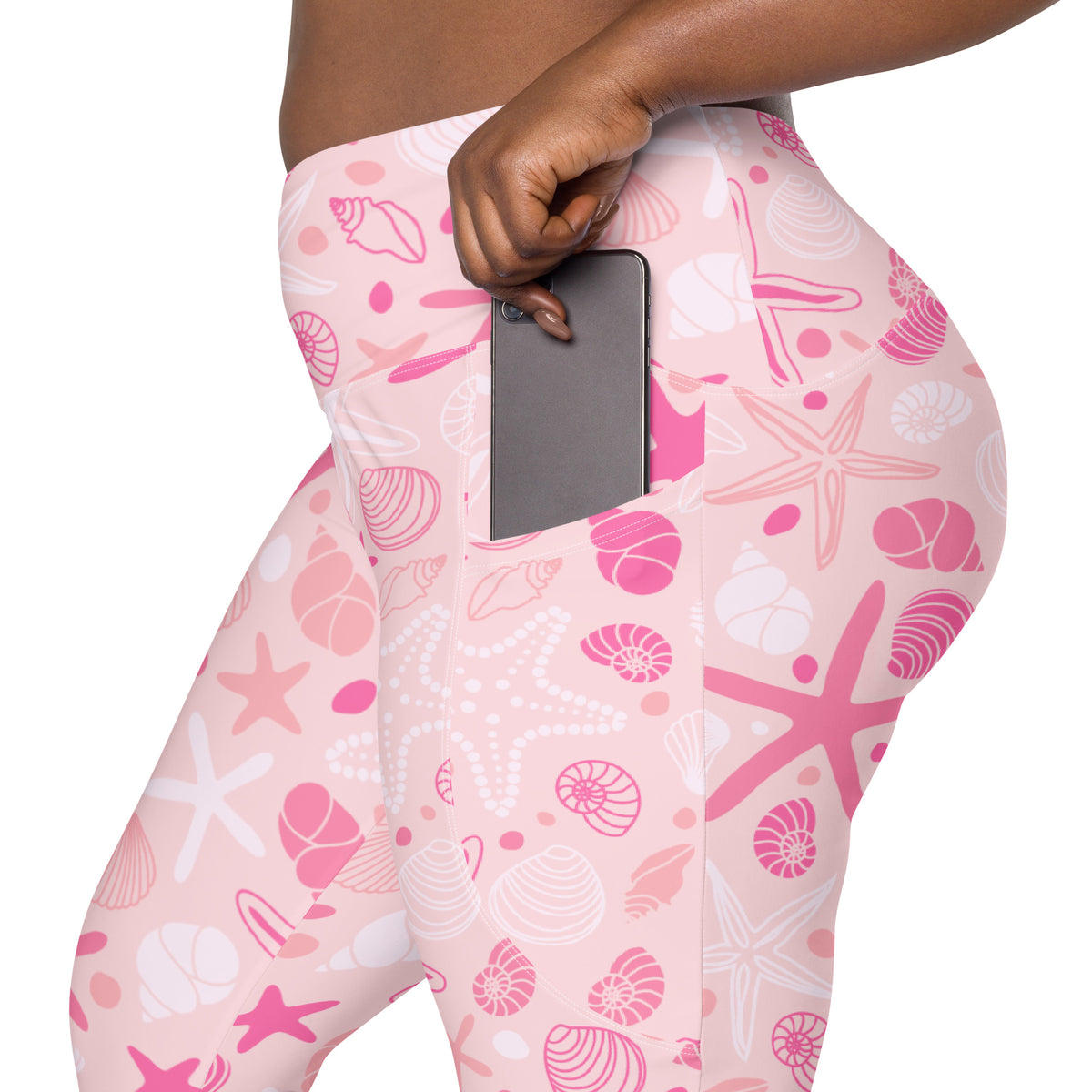 Women’s Pink Starfish & Shells Yoga Leggings With Pockets – High-Waisted, Soft Compression Active Pants