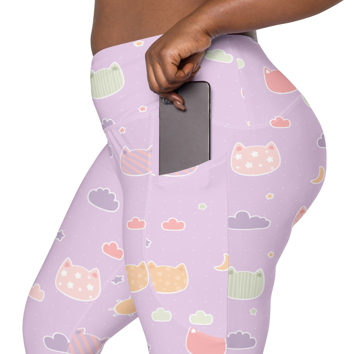 Women’s Pastel Purple Kawaii Cats & Clouds Yoga Leggings With Pockets – High-Waisted, Soft Compression Active Pants