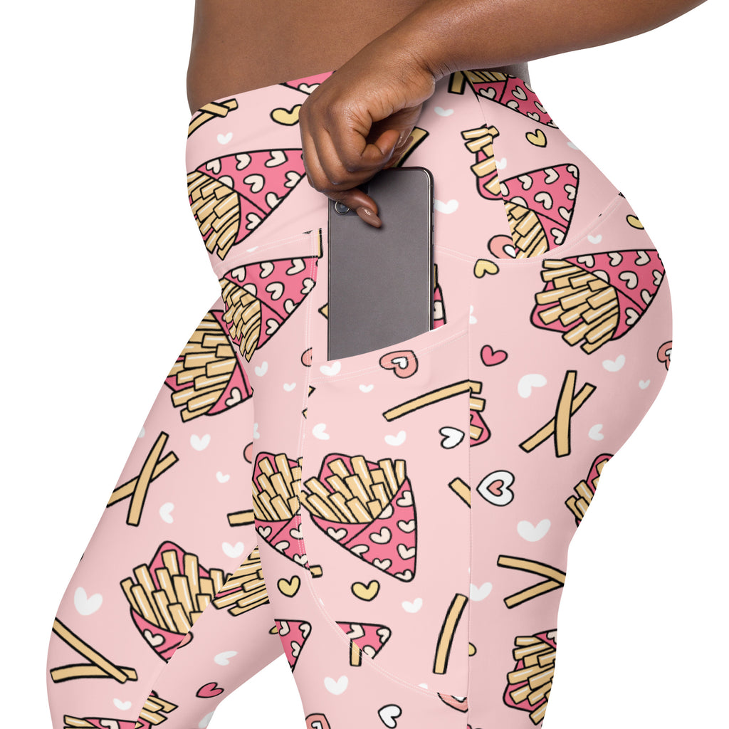 Women’s Pink French Fries Yoga Leggings With Pockets – High-Waisted, Soft Compression Active Pants
