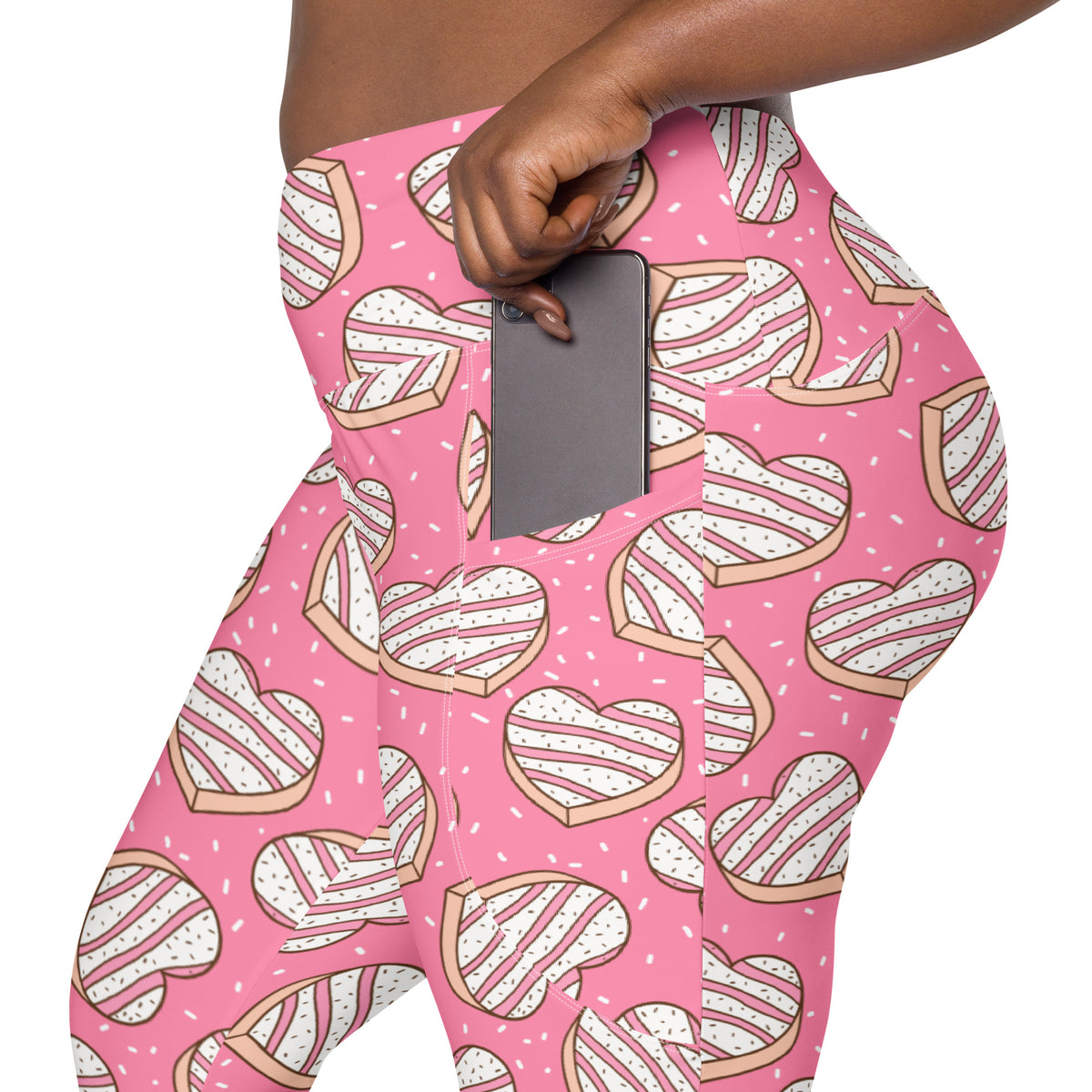 Women’s Pink Heart Cookie Yoga Leggings With Pockets – High-Waisted, Soft Compression Active Pants
