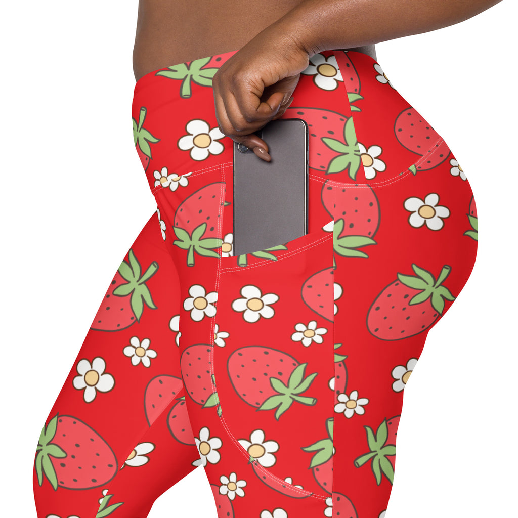 Women’s Floral Strawberry Yoga Leggings With Pockets – High-Waisted, Soft Compression Active Pants
