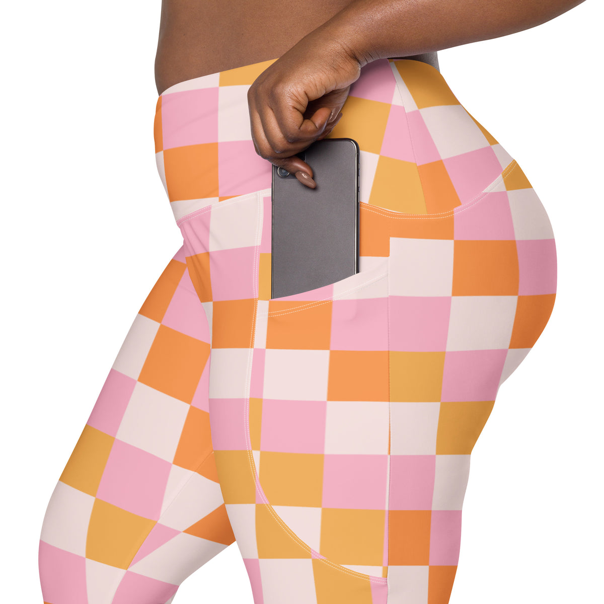 Women’s Pink & Orange Checkered Yoga Leggings With Pockets – High-Waisted, Soft Compression Active Pants